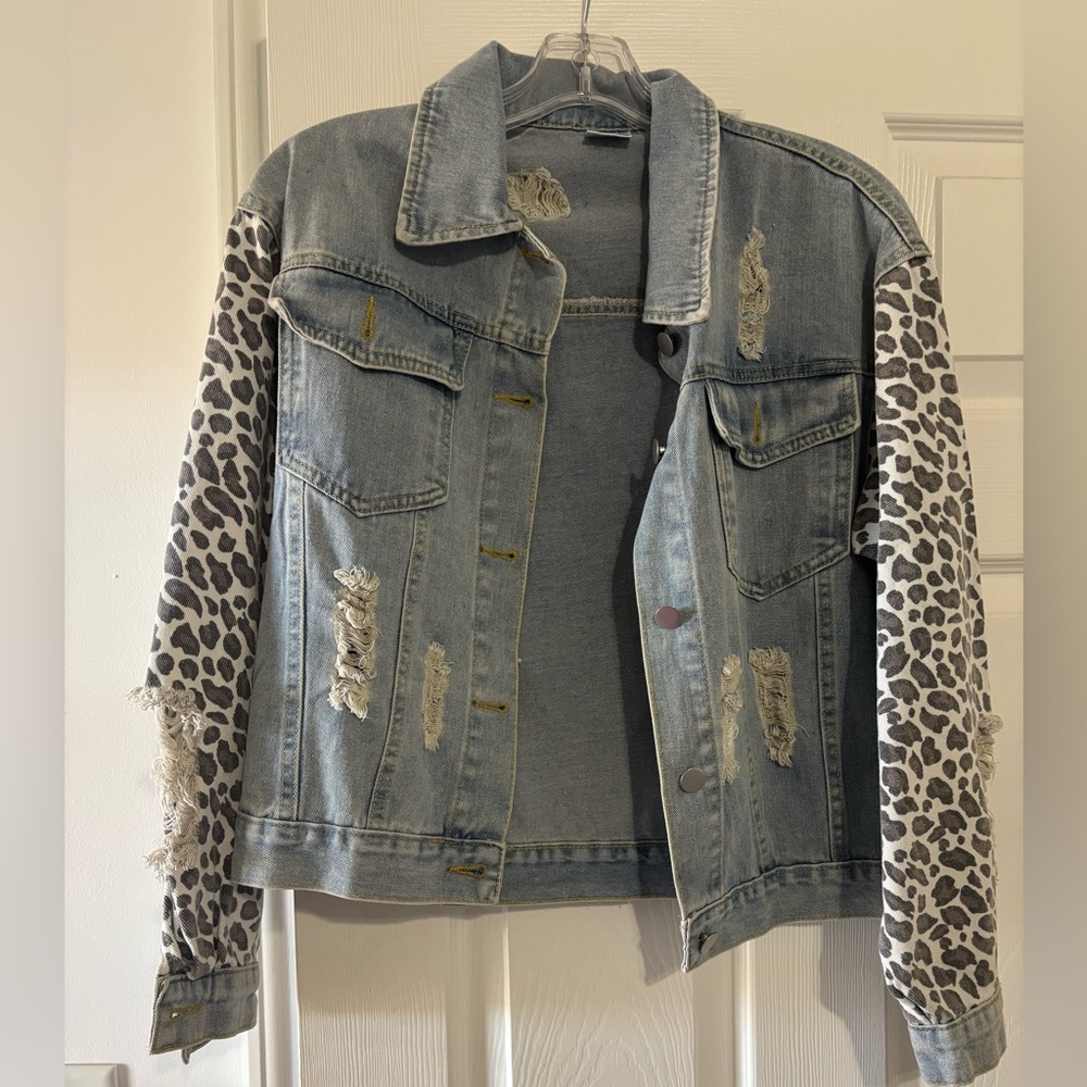 Leopard Sleeve Denim Jacket